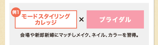 例1：モードスタイリングカレッジ×ブライダル 会場や新郎新婦にマッチしメイク、ネイル、カラーを習得。